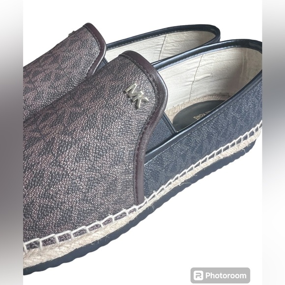 MICHAEL KORS HASTINGS MK PRINT GOLD PLATFORM ESPADRILLES Black Brown Size 9 - Picture 14 of 15
